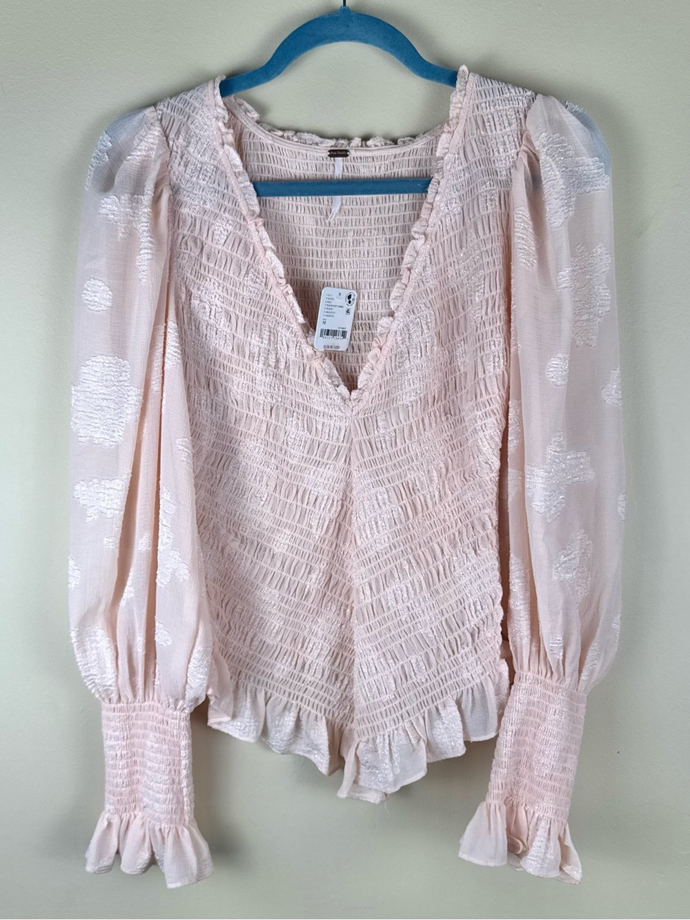 Free People Smocked In Love Long Sleeve Top Peach Smocked Floral Blouse